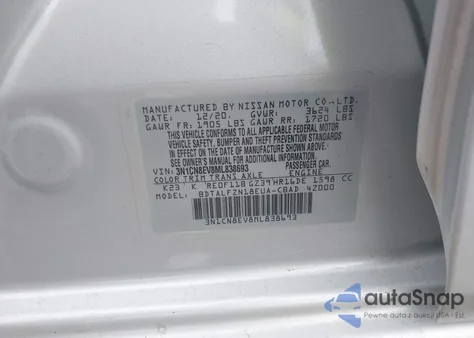 2021 Nissan Versa Sv Xtronic Cvt z USA, uszkodzony, nr VIN 3N1CN8EV8ML838693